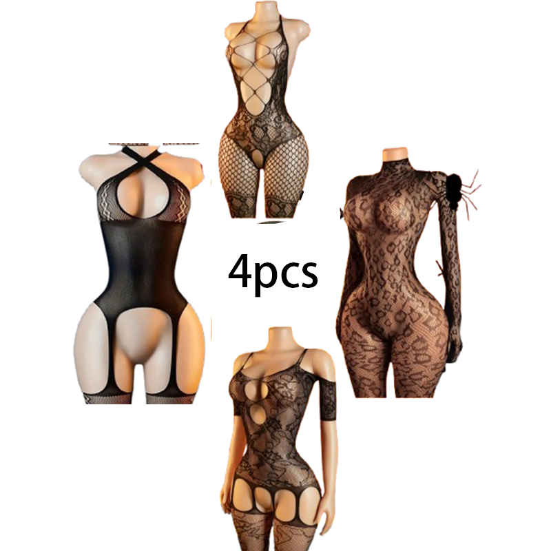 Bodystocking Fishnet - Conjunto de Lingerie Sexy de 4